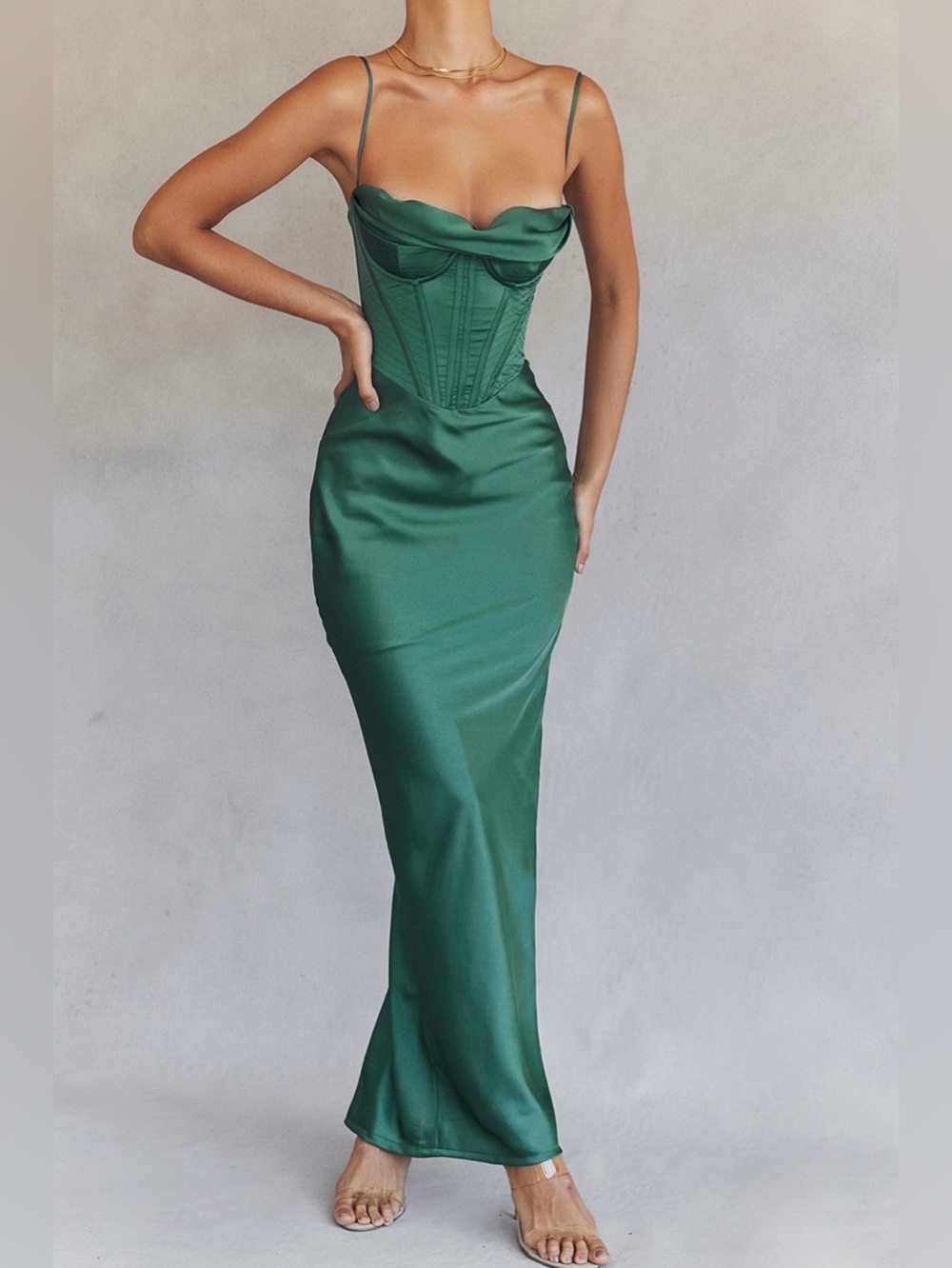 cream scoop neck dress Satin Gown with Bow Detail - Maelle is designed for Toccin Women's Mini Racer neckline_Off The Shoulder Size:12p